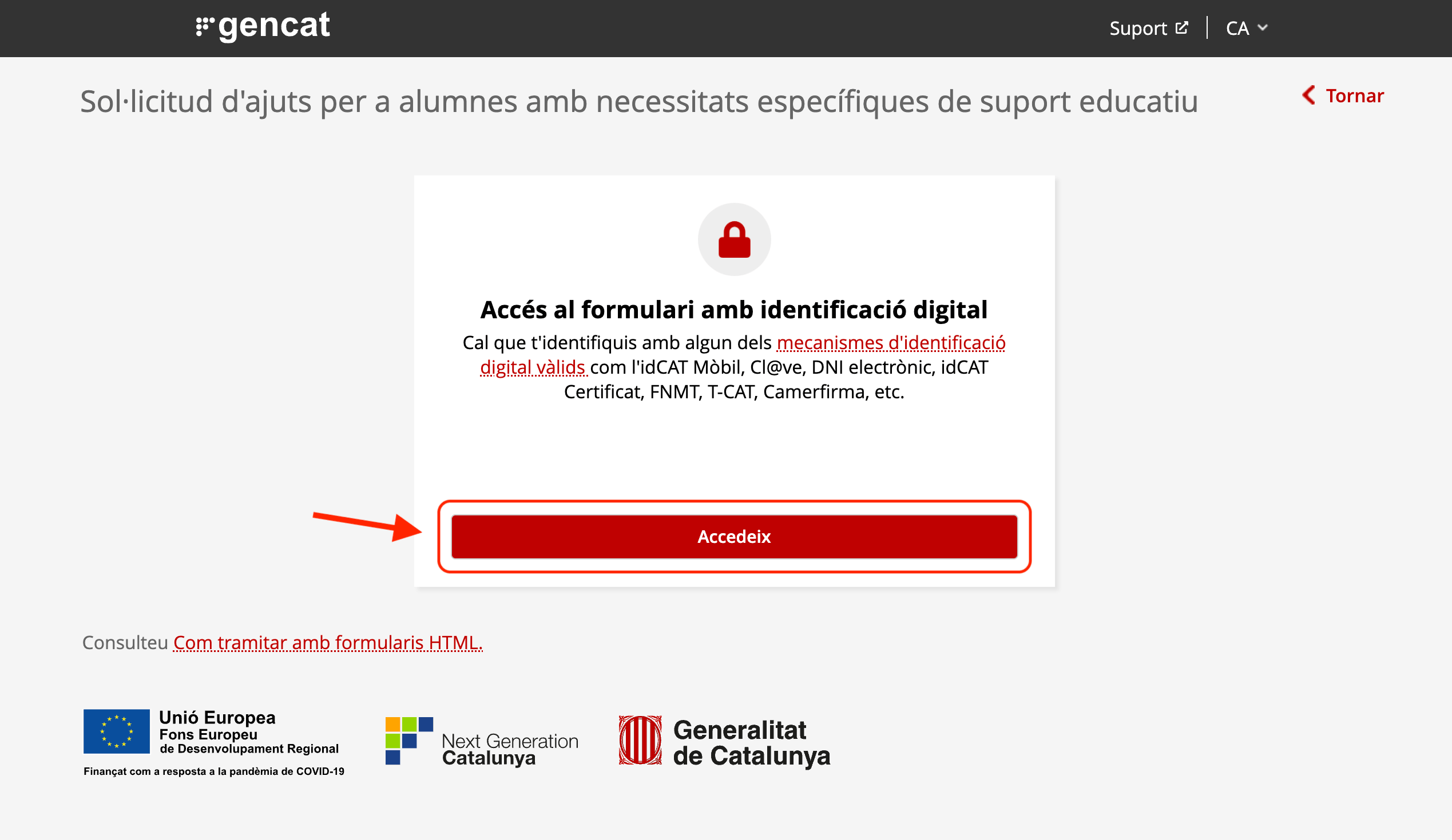 Captura 3/4 del pas «Identificar-se al tràmit» del formulari de Gencat