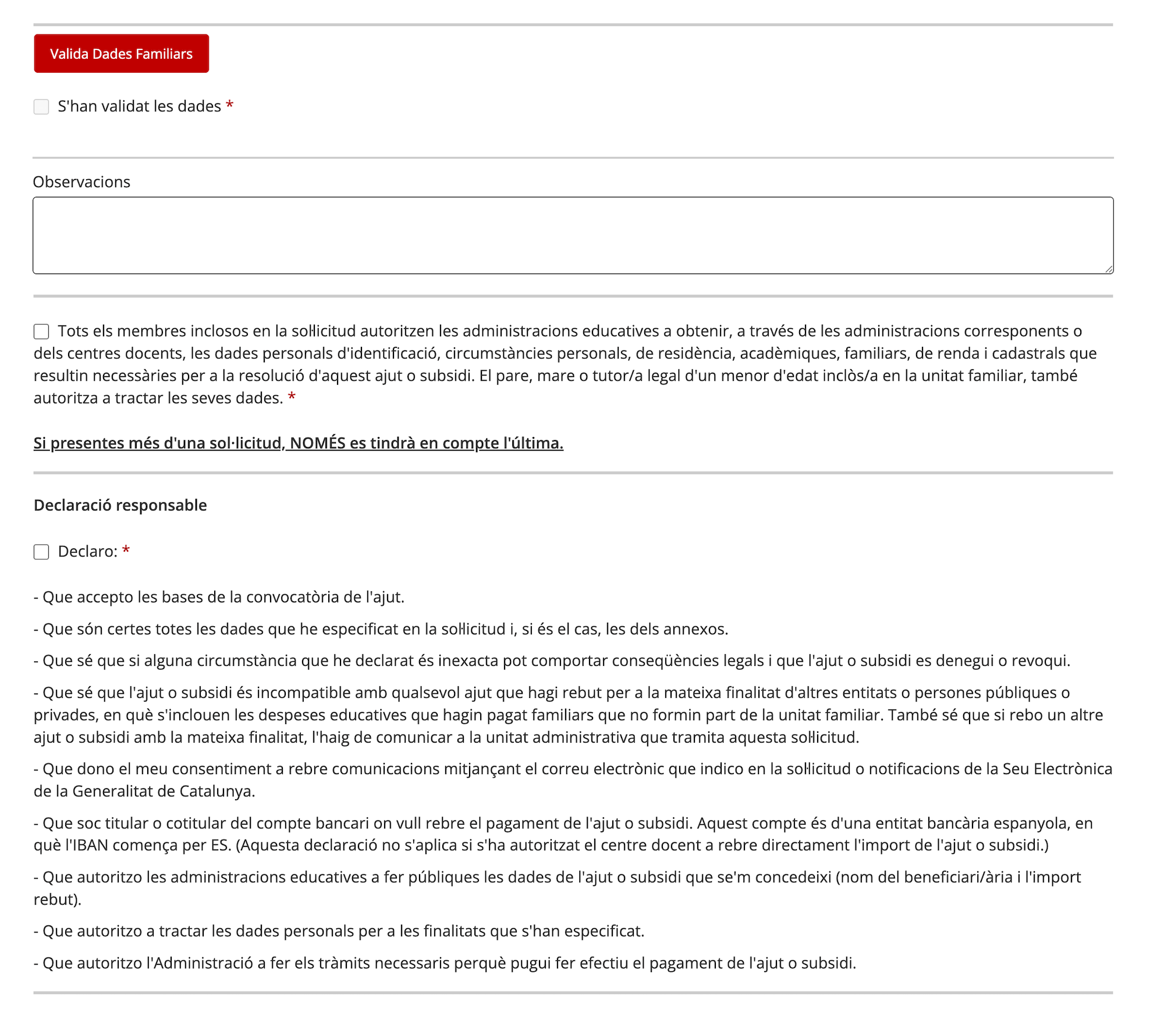 Captura del pas «Validació de dades familiars, observacions i declaracions» del formulari de Gencat