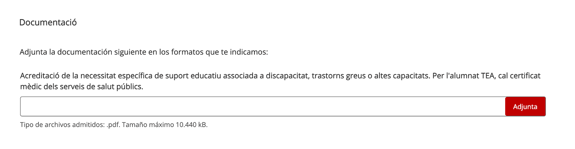 Captura del pas «Documentació» del formulari de Gencat