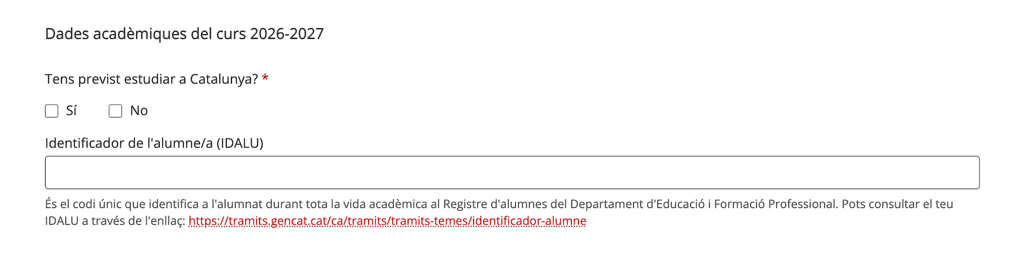 Captura del pas «Dades acadèmiques del curs 2026-2027» del formulari de Gencat