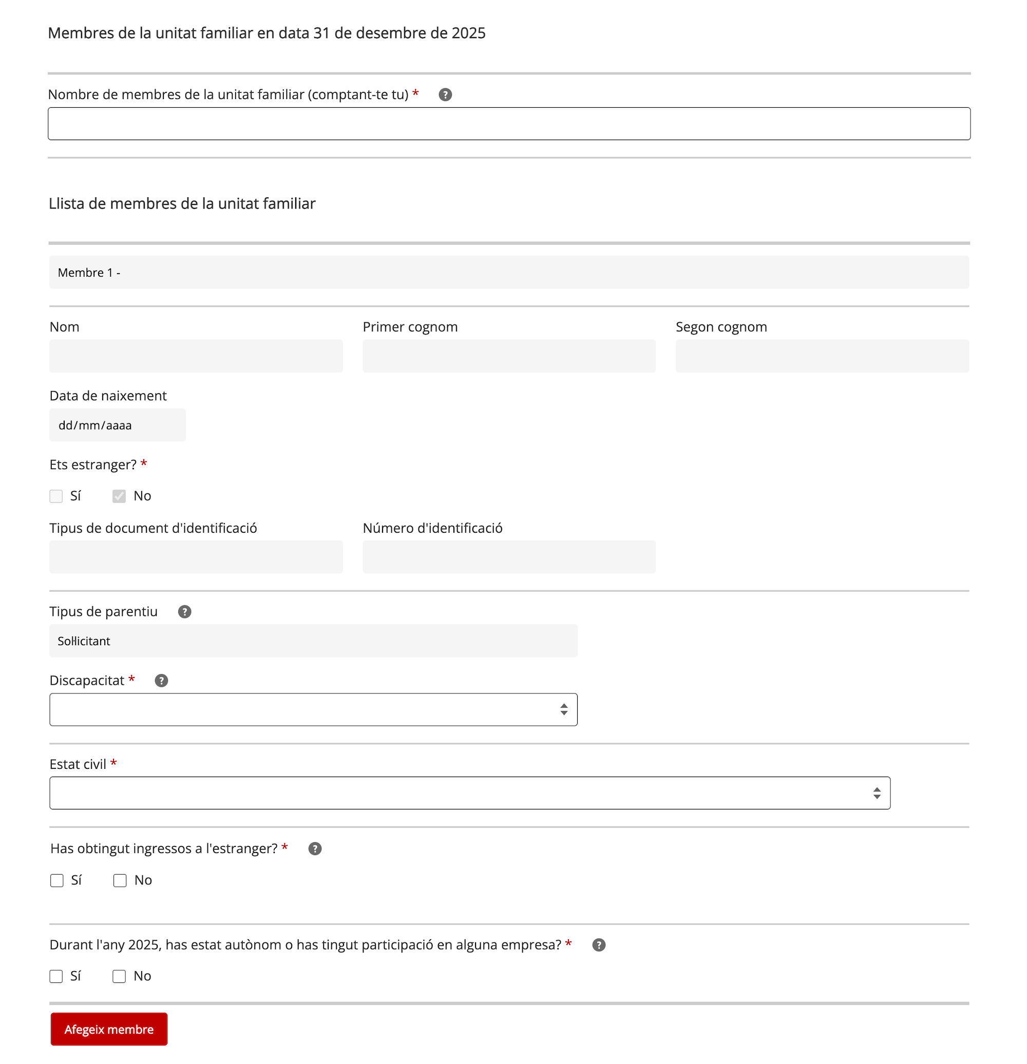 Captura 2/2 del pas «Situació familiar i unitat familiar» del formulari de Gencat