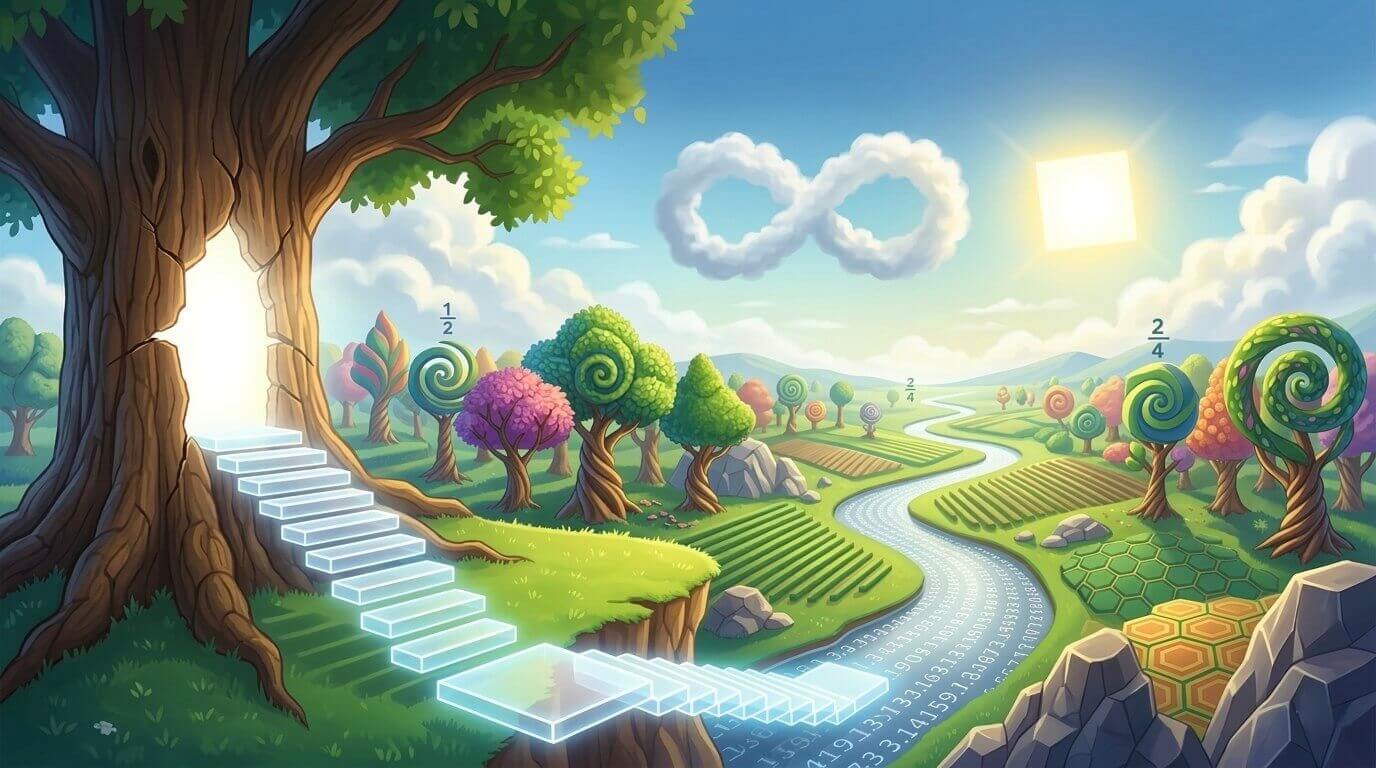 Un paisatge fantàstic amb arbres en espiral de colors vius, un riu platejat i camins matemàtics — el Món de les Matemàtiques